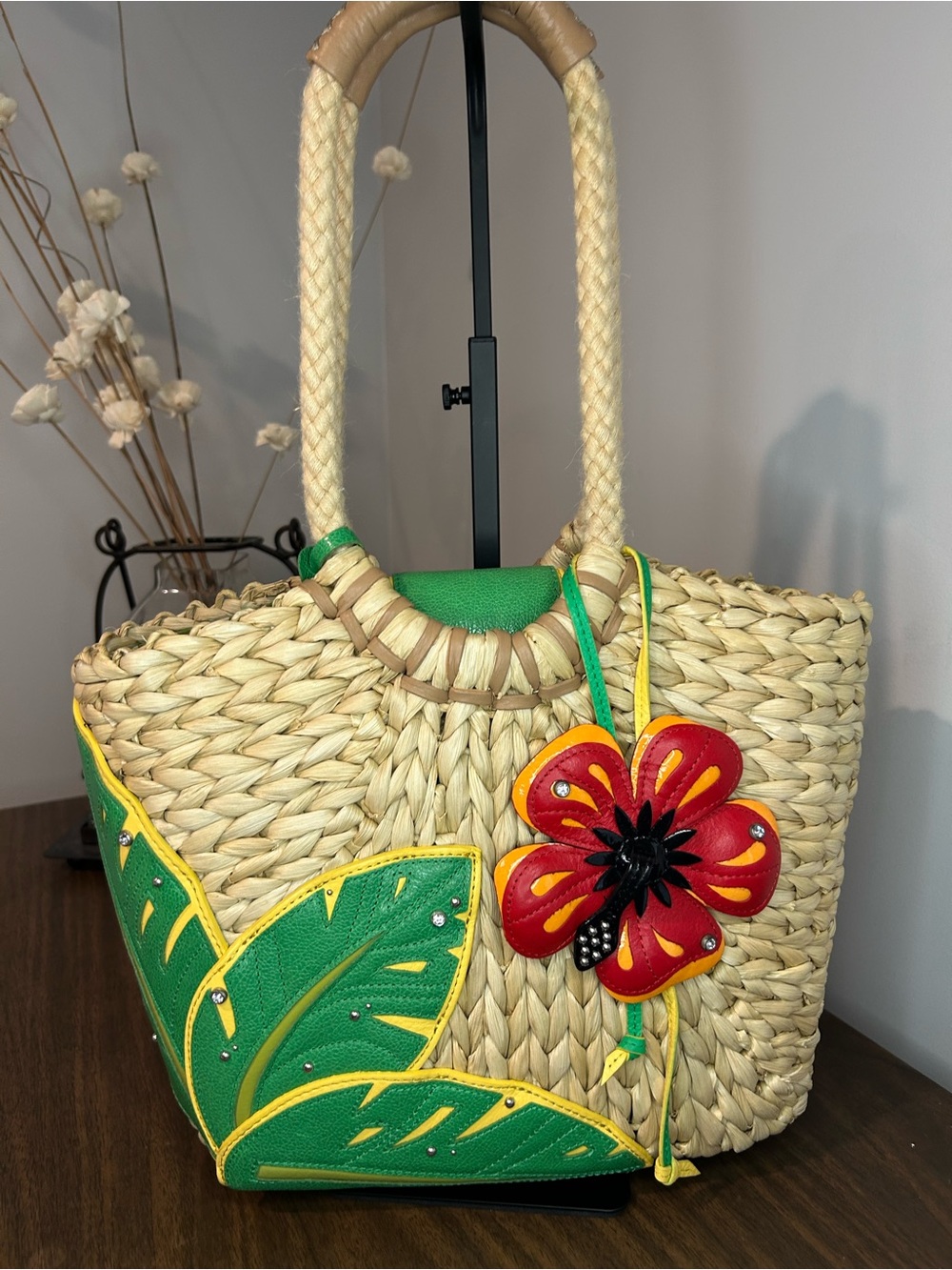 Brighton Woven Hula Straw Tote with Green Leaf Appliqué & Red Flower Charm - Picture 3 of 17